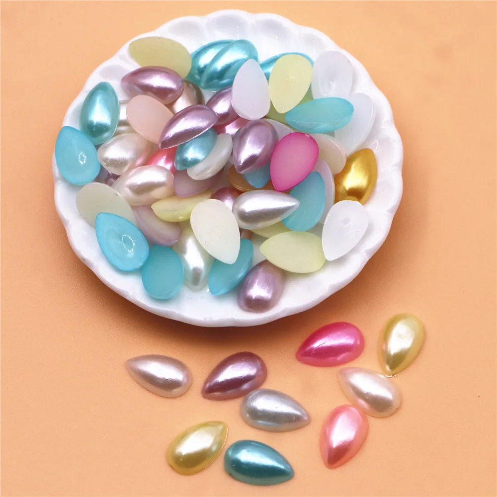 300 pcs 10*6 millimetri Colori Della Miscela ABS Imitazione a Metà Teardrop Pearl Beads FlatBack Cabochon FAI DA TE Scrapbook Craft/ nail Deco, VEG