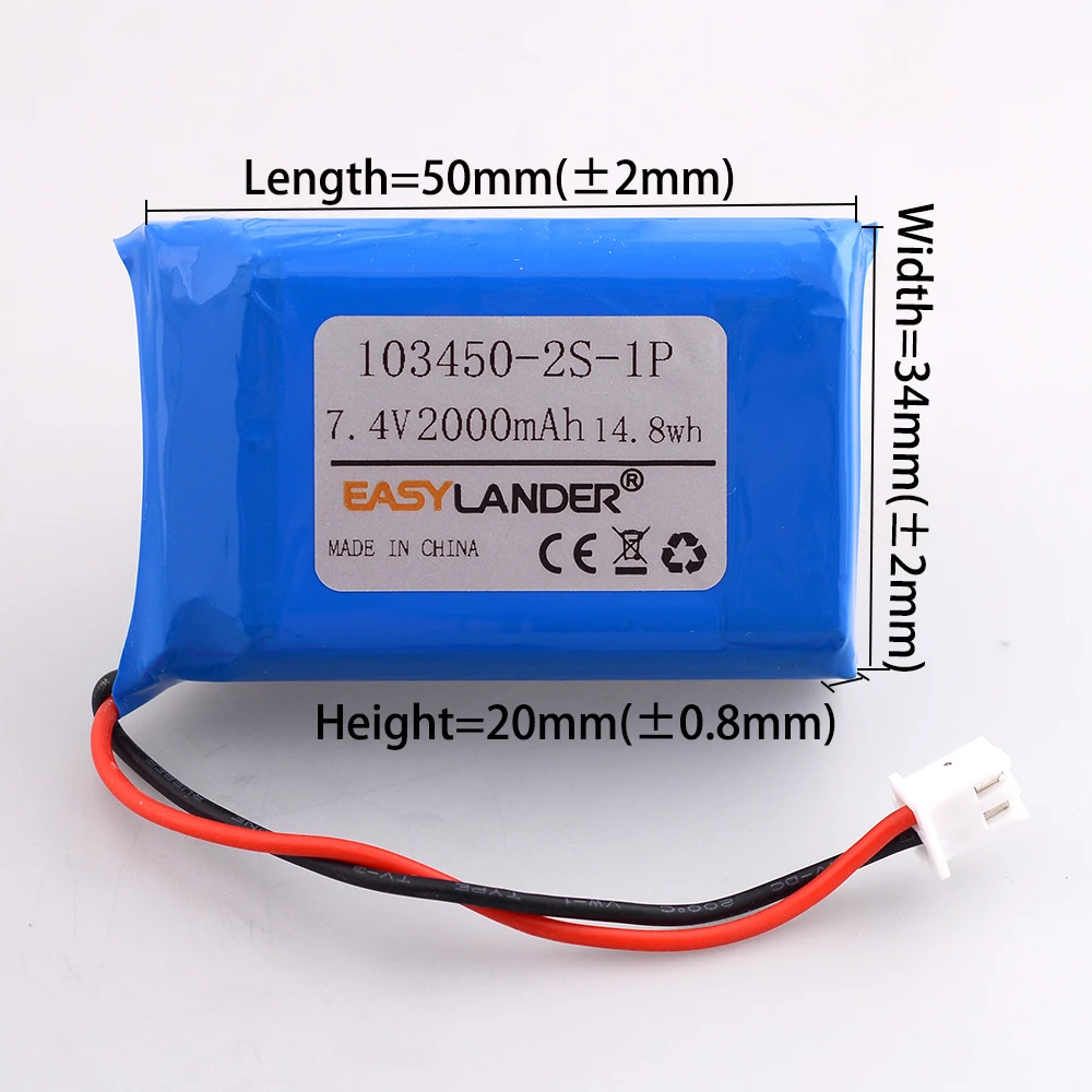 103450-2S 203450 7.4V 2000mAh Rechargeable Lithium Li-ion Polymer Battery FOR DVR GPS PDA  Bluetooth Speaker  Smart wearables