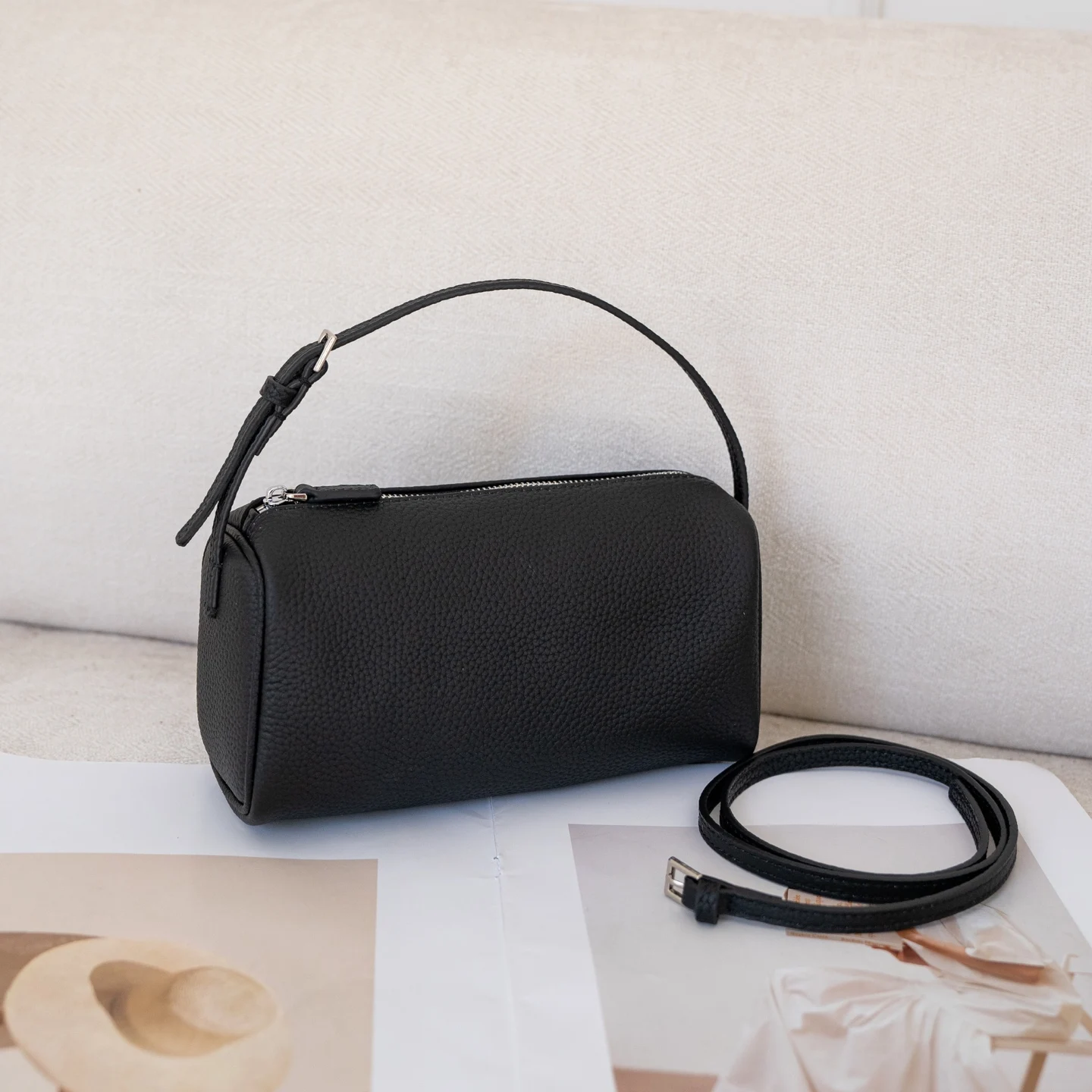 

European and American Fashion, Versatile, Lychee Pattern Plain Pattern Round Bucket Small Square Bag, Handbag and Pillow Bag