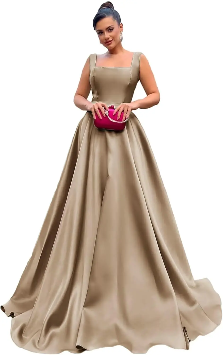 Women's Satin Prom Dress Ball Gown Square Neck Long Formal Evening Party Gowns Sleeveless Backless Prom Dresses