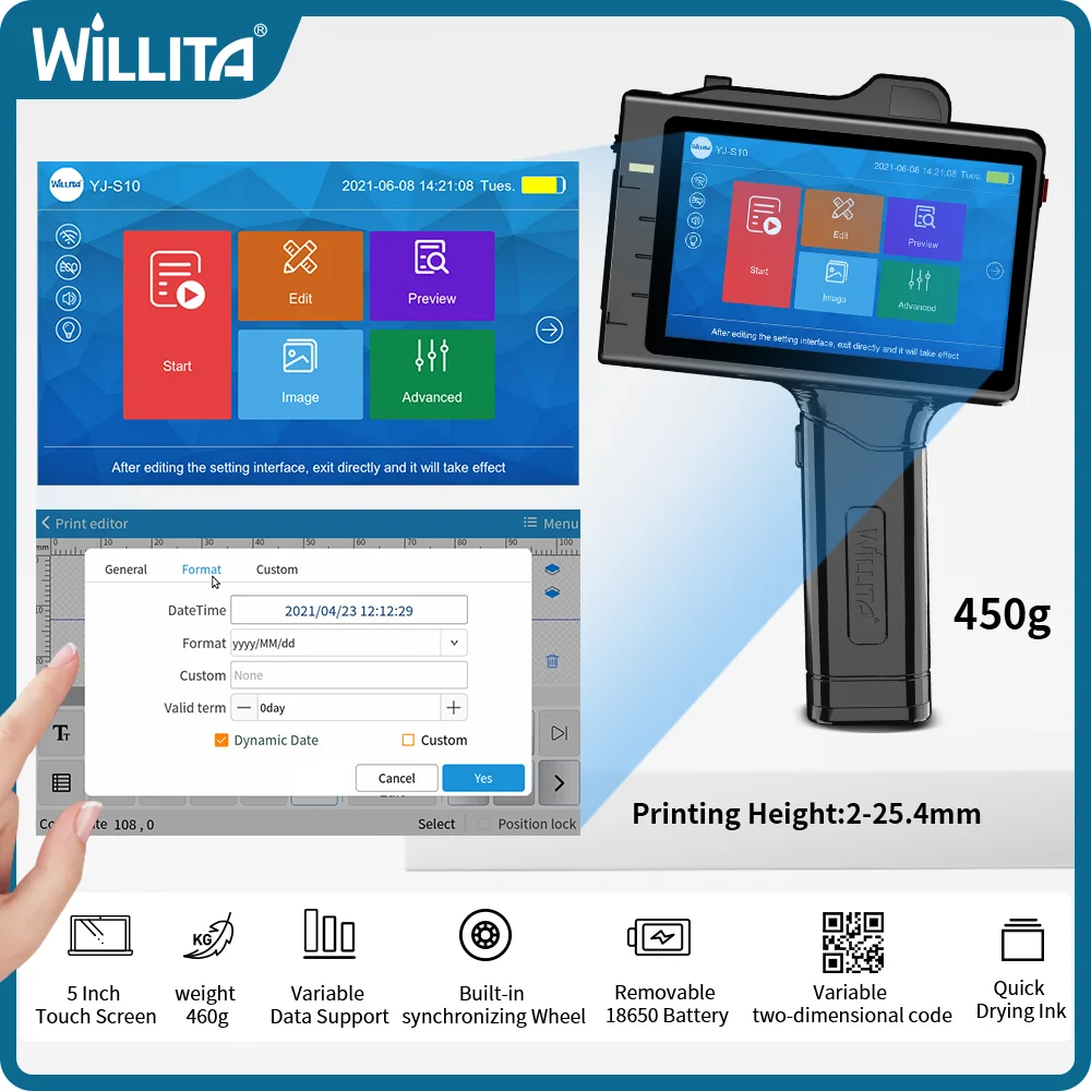 Impressora jato de tinta portátil de 25.4mm, pistola para data de expiração, número do lote, código qr, logotipo, garrafa de plástico, máquina de