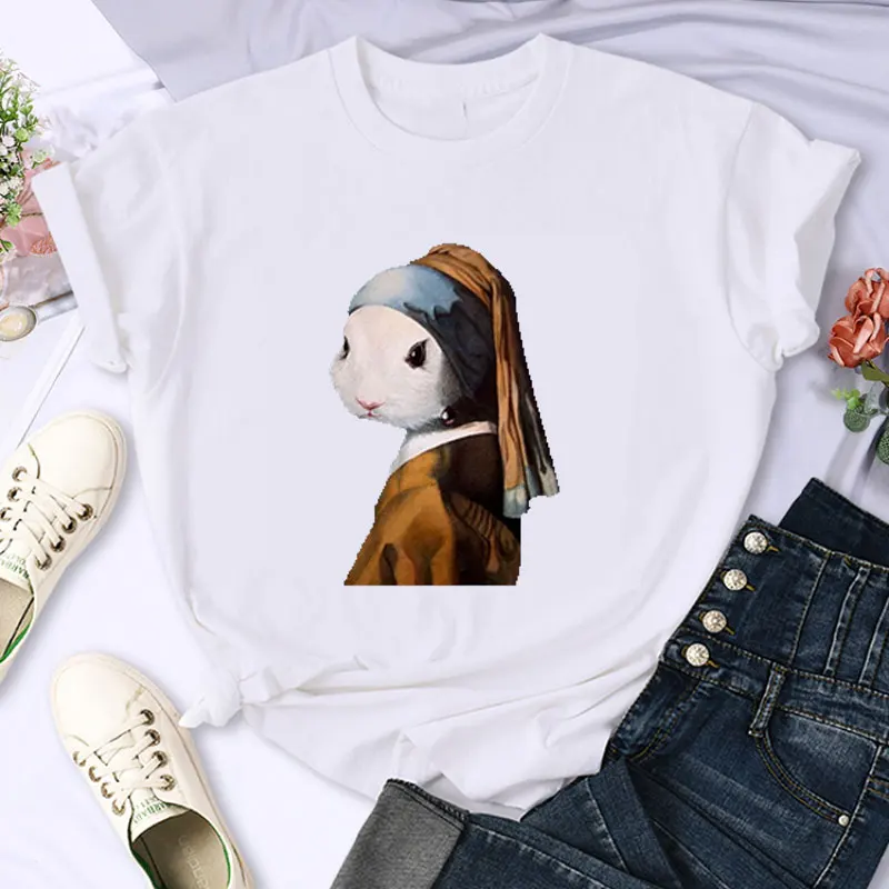 Estilo paródia vestindo pérola coelho pintura mundialmente famosa impressa camiseta moda feminina tshirt conforto casual camisetas humor topos