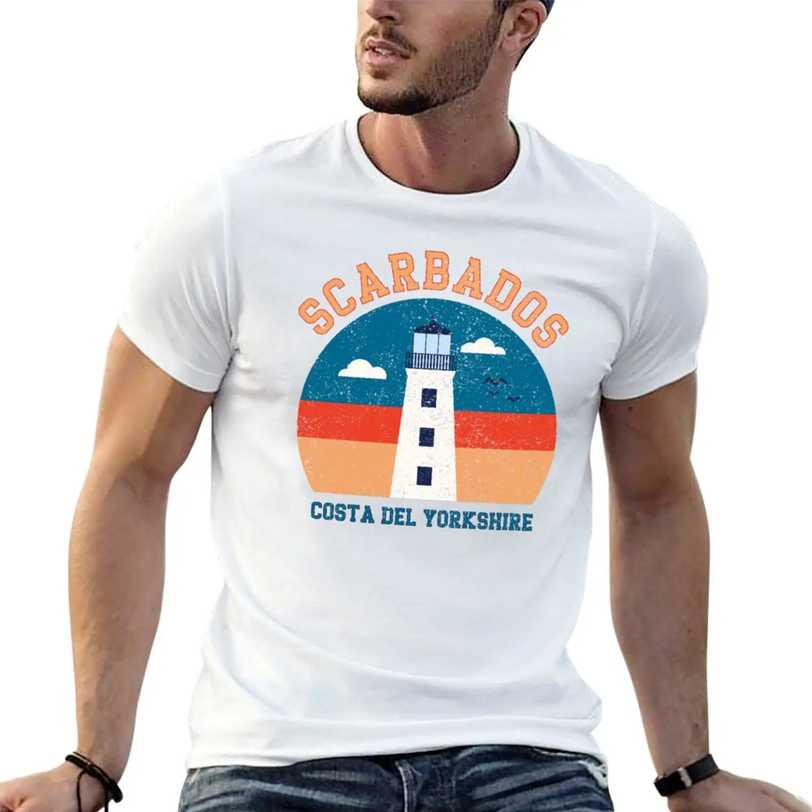 

Scarbados Costa Del Yorkshire Scarborough UK Lighthouse Distressed T-Shirt man graphic t shirt cotton t shirt pack T-Shirt