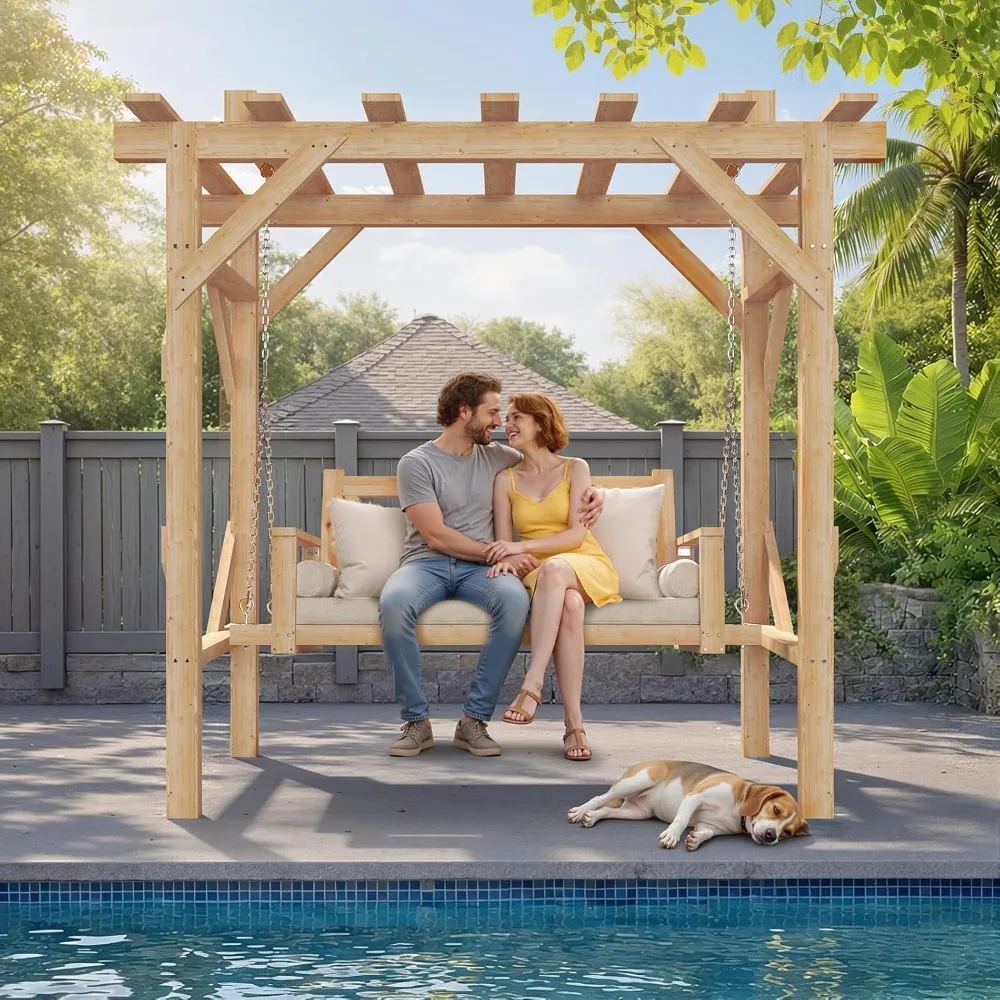 

Cedar Wood Outdoor Pergola Swing Bench, Porch Swing with Stand, 3-Seat Hammock Patio Swing Set with Canopy, Customized