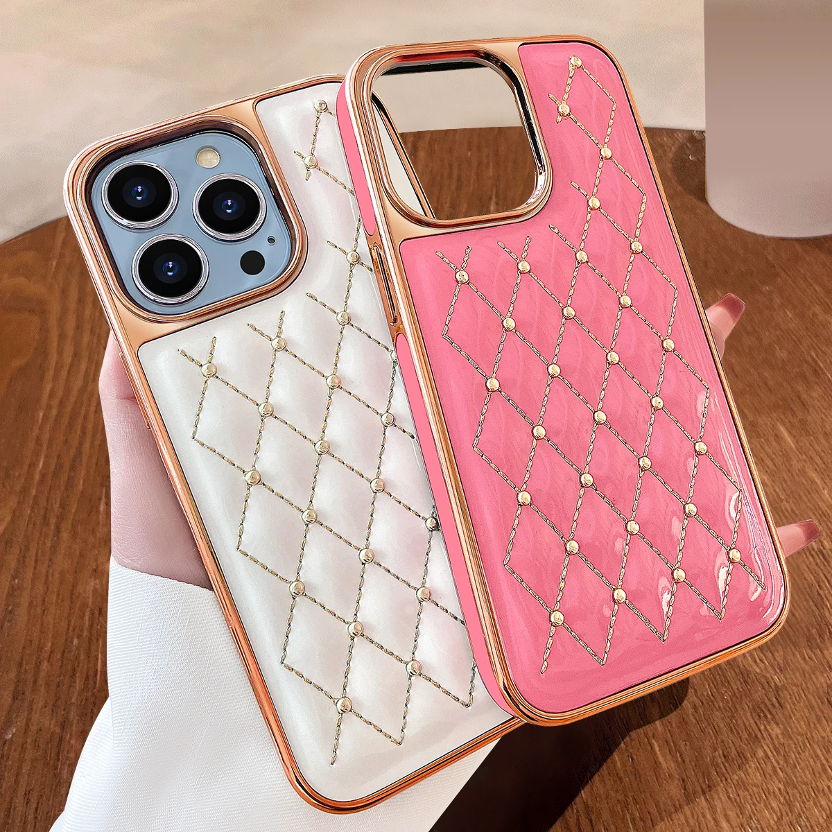 VIETATO Custodia per cellulare in pelle PU placcata da donna per iPhone 13 12 11 pro max, cover per telefono all-inclusive in pelle PU con griglia, rossa