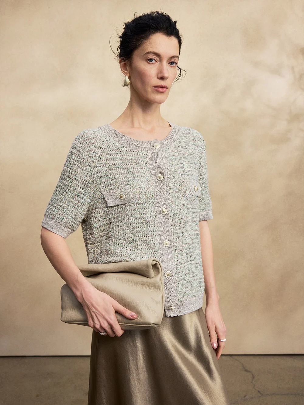 

Mannala nut Hollow Knitted Sweater Gold And Silver Linen Yarn Woven ort Sve Women's Faion Summer Light Weight Top