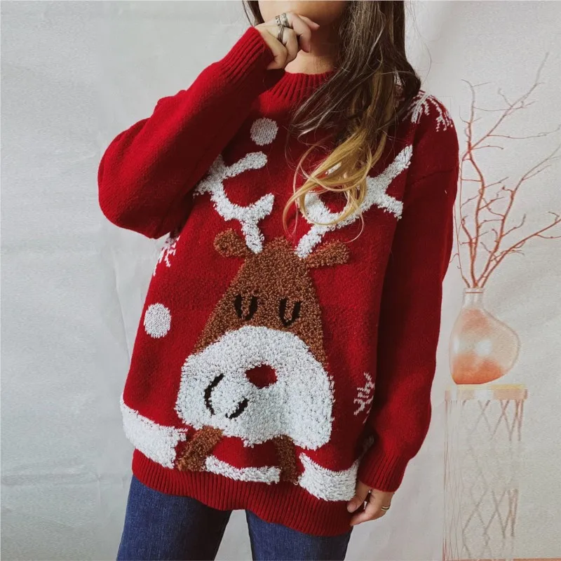 Christmas Party Elk Jacquard Knitted Sweater Fall Winter New Year Women's Fashion Round Neck Long Sleeve Loose Pullover Sweater