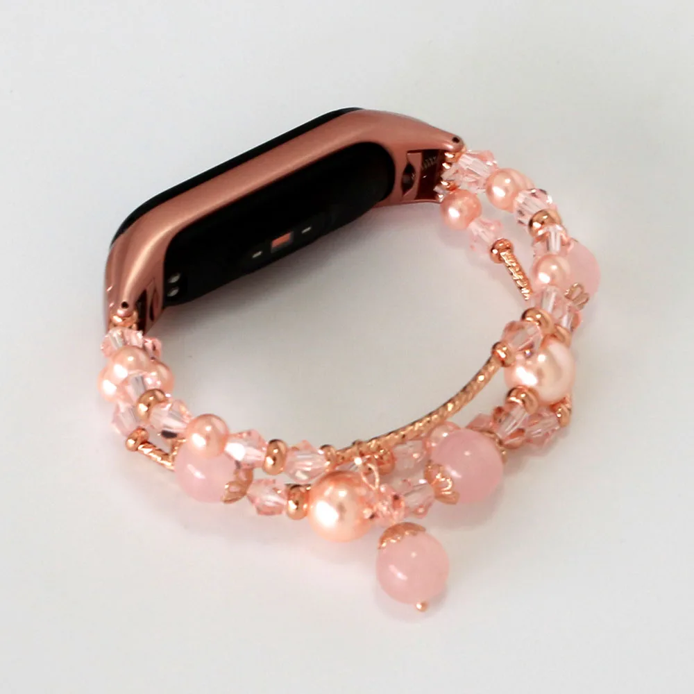 Strap Beaded for Xiaomi Mi Band 4 5 6 7 8 Replacement Elastic Wristband Accessories Handmade Jewelry Bracelet Pink