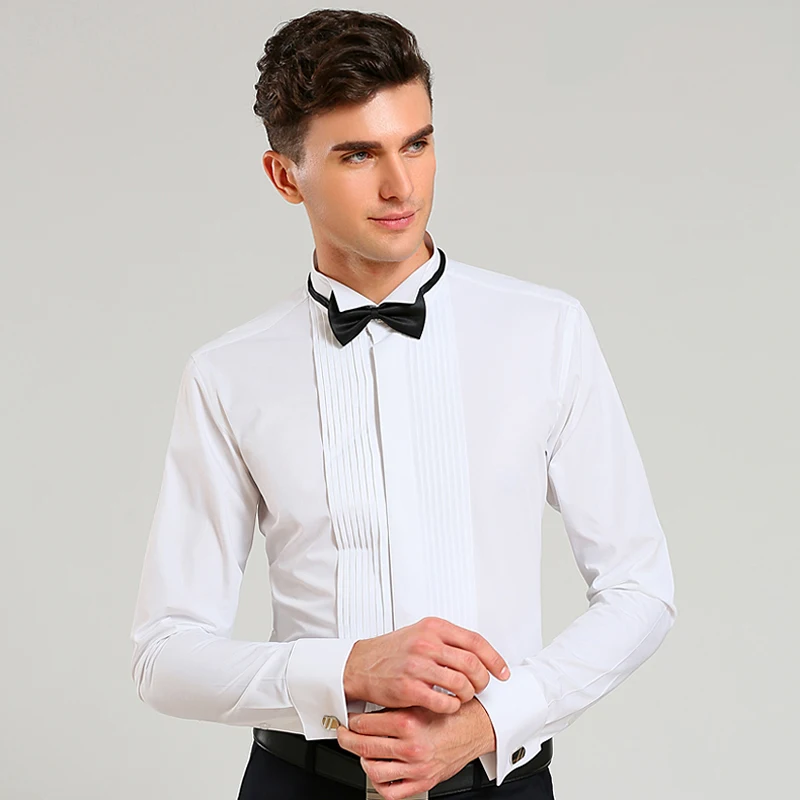 

Classic Winged Collar Dress Shirt Men's Wingtip Tuxedo Formal Shirts with Red Black Bow Tie Party Dinner Wedding Bridegroom Tops