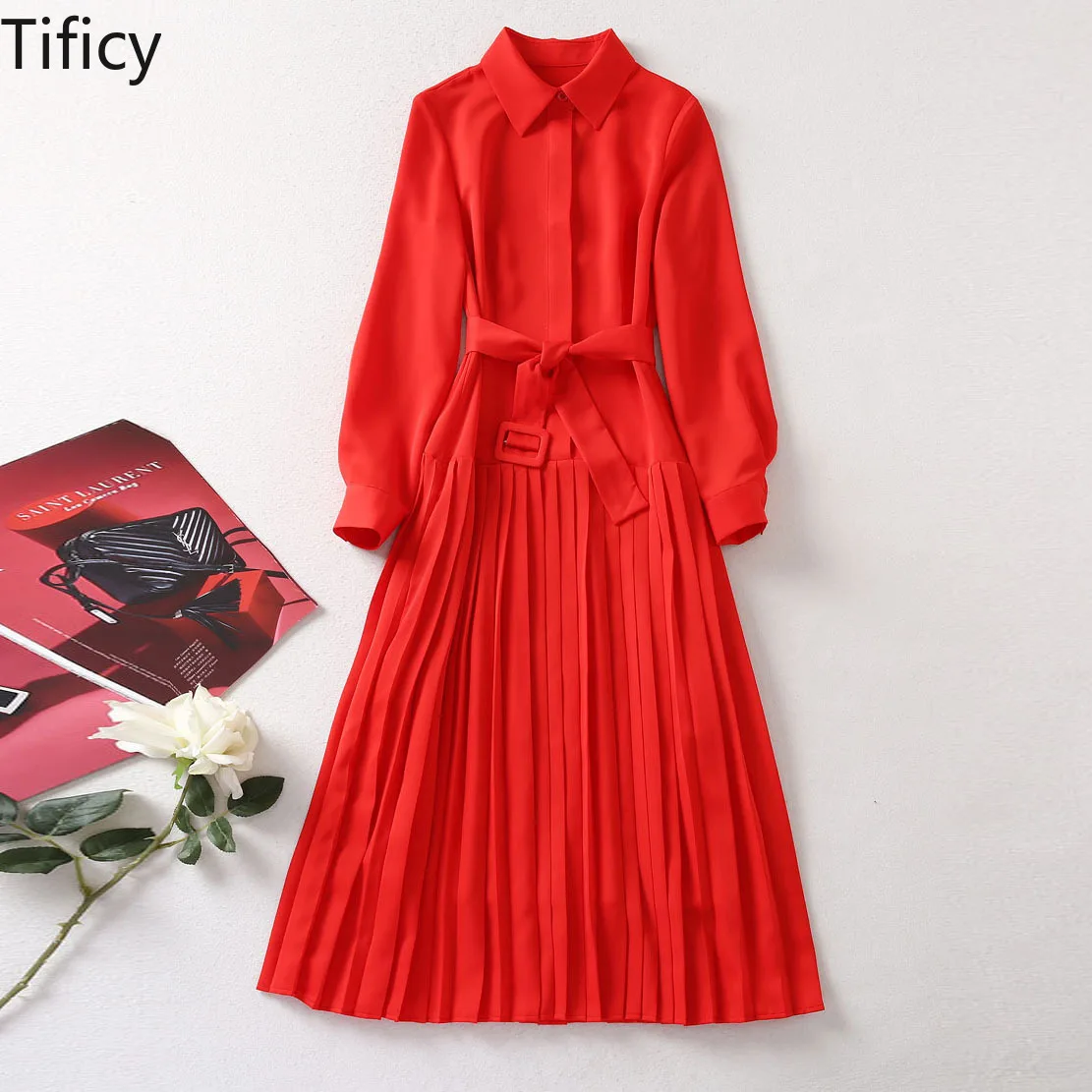 Star Same Style  2024 Autumn New Women Lapel Neck Long Sleeve Hem Pleated Double Diagonal Bag Long Red Dress