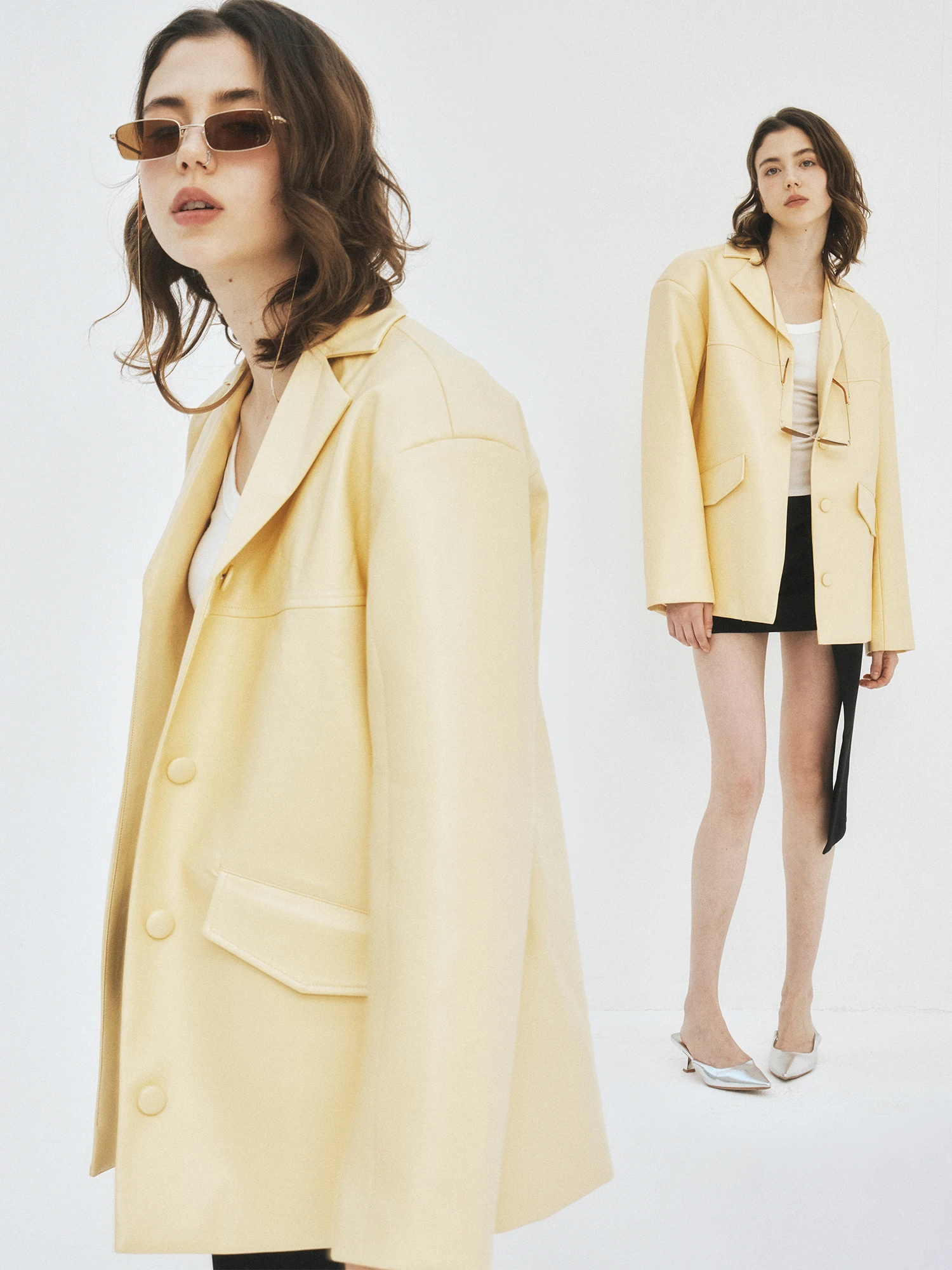 Ele Vintage Sle Yellow Leather Jaet Suit Outerwear Eco-friendly Faionable Spring Collection Women's Clothing