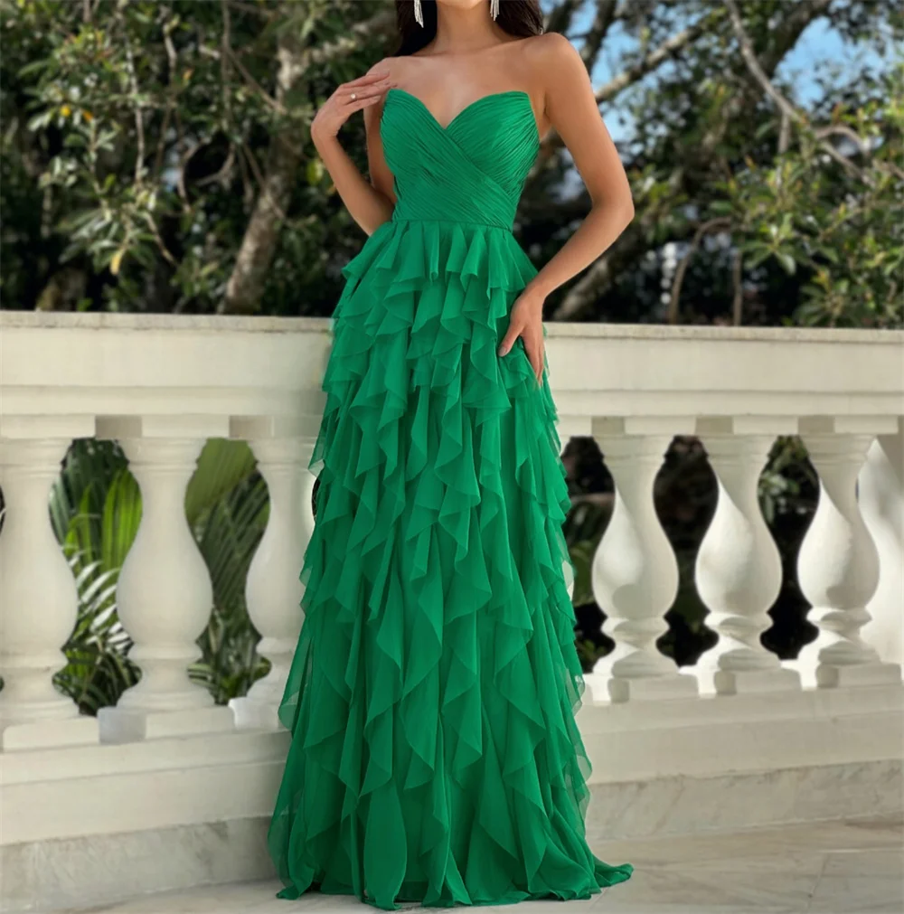 Sweetheart Tiered Ruffles Prom Dresses Chiffon Pleated Corset Sleeveless Backless Formal Evening Gowns A-line Long Ball Gowns