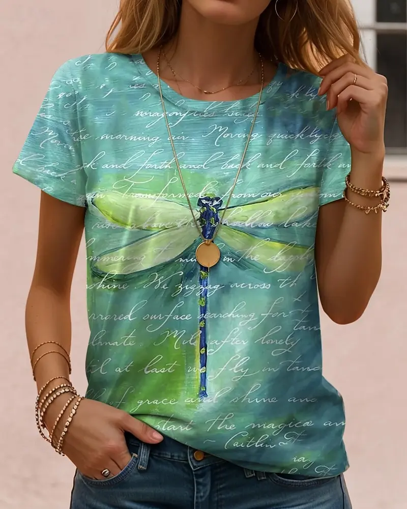 Vintage Art dragonfly Pattern Women's T-shirt Summer 3D Print Crew Neck Outdoor Short Sleeve polyester Tops Women Clothing