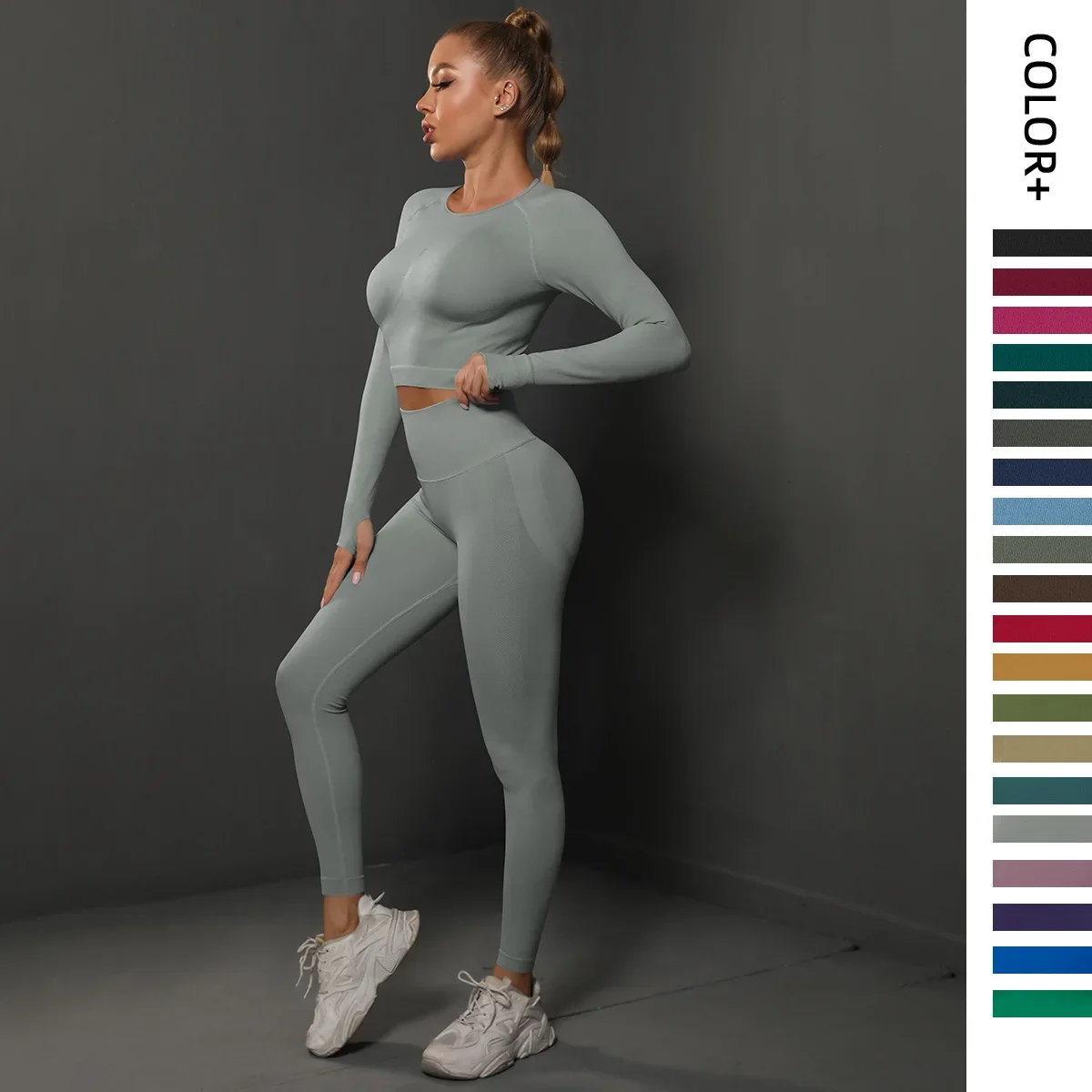 

2Pcs Women Sets Seamless Gym Suits Bubble Butt Sports Leggings Long Sleeve Shirts Push Up Running Sets Tracksuits Tights Set