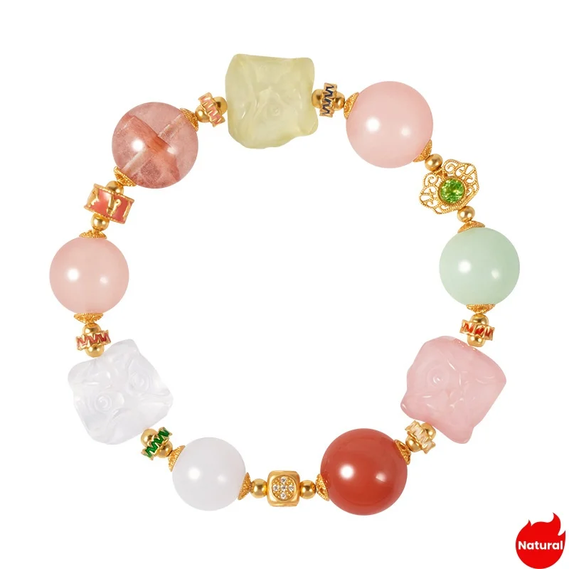 

Natural Crystal 14mm Beads Strand Bracelets S925 Silver Plated Gold Nanhong Agate Garden Quartz Chinese Lion Dance Hand String