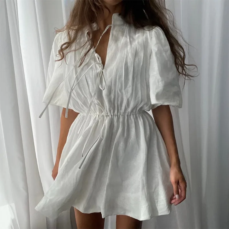 

Tsiisd Women's Casual Lace-Up Mini Dress Fashion Elegant Sweet Tapered Waist Beach Vacation Daily Party Dress Female Dress 2026