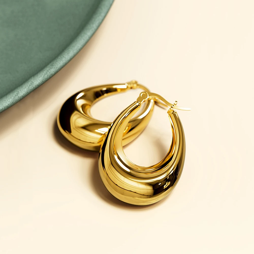 Stainless Steel Geometric Round Chunky Hoop Earrings for Women 18K Gold Plated Statement Earring Lightweight Ear Jewelry Bijoux