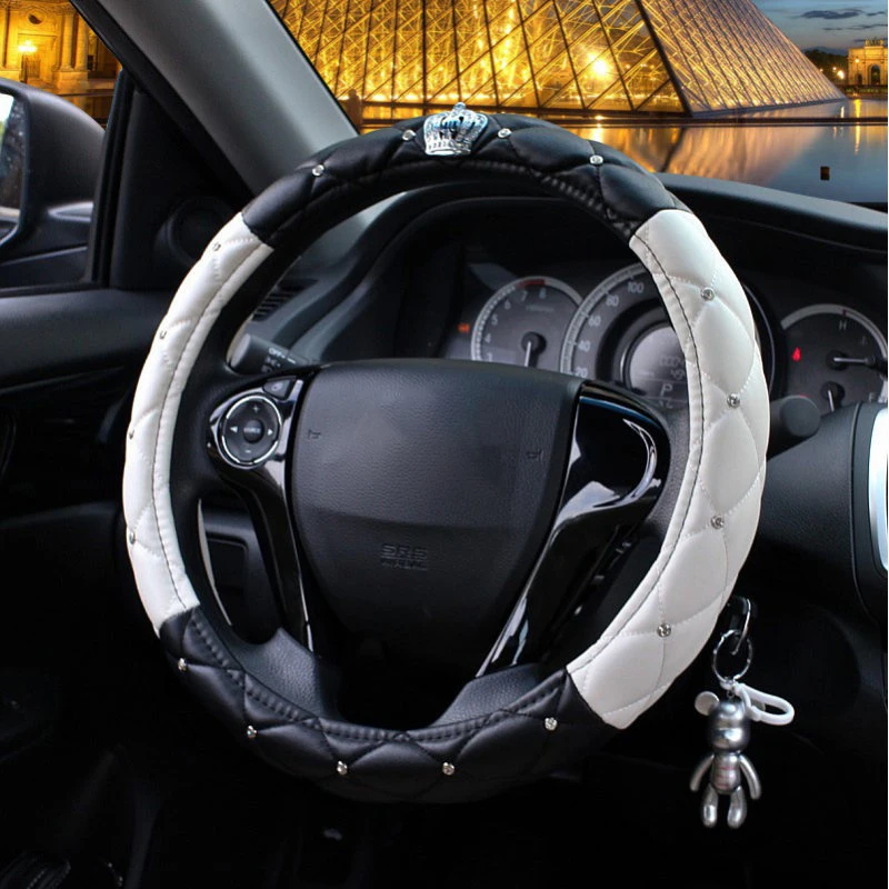 Crystal Car Steering Wheel Cover Crown PU Leather Protective Cover Anti-slip Wear-resistant Car Decor Car Accessories for Women