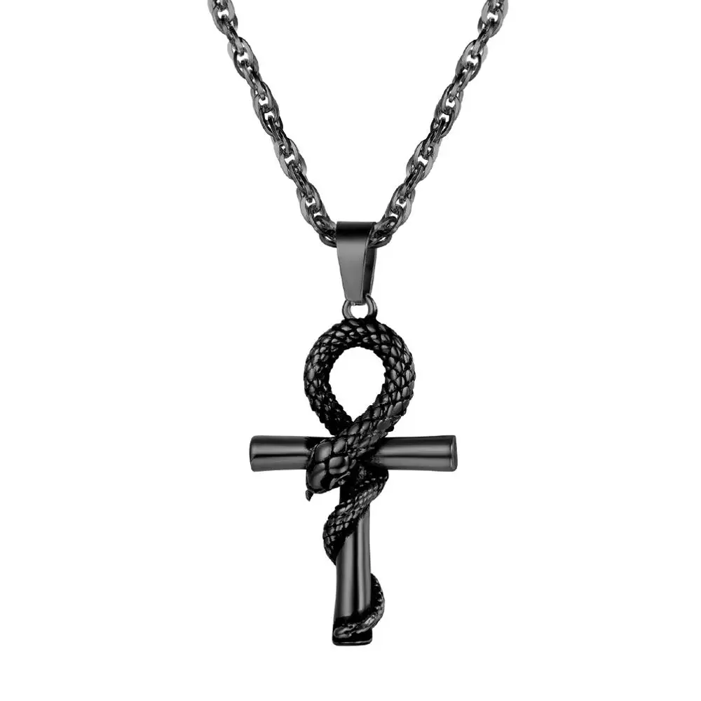 

U7 Stainless Steel Egyptian Ankh Cross Necklace 24inches Chain Snake Pendant Necklace Egypt Religious Unsex Jewelry