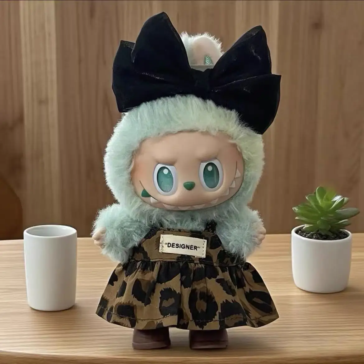 Mini-Puppenkleidung, Outfit-Zubehör für 15–17 cm große Ropa Labubu und 10 cm Baumwollpuppe, Leopardenmuster, Rock, Hut, Schuhe, Kleidung