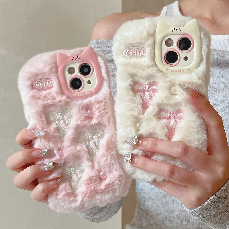 Luxury Cute Bow Plush Warm Quakeproof Case For iPhone 16 ProMax 15 Plus 14 Pro 13 Pro Max 12 11 Embroidered Phone Case