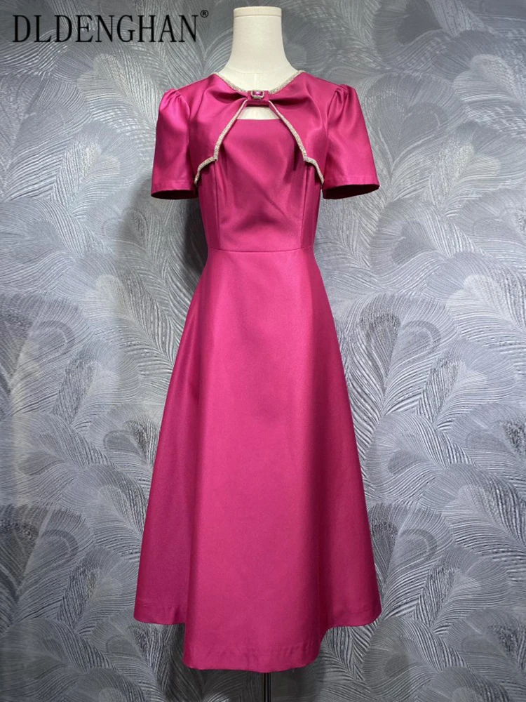 

DLDENGHAN Women's Diamonds O-Neck Short Sleeve Solid Color Elegant Party Dresses Fashion Spring New