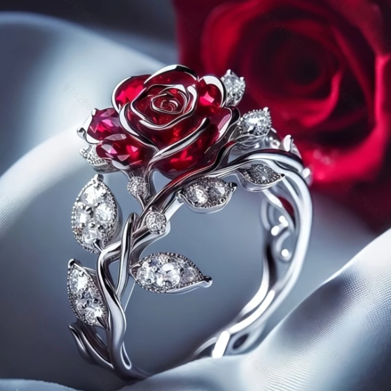 Luxuriöser funkelnder Zirkon-Ring mit roten Rosen, geeignet als Schmuckgeschenk für Valentinstagsfeiern, um an Freundinnen zu verschenken