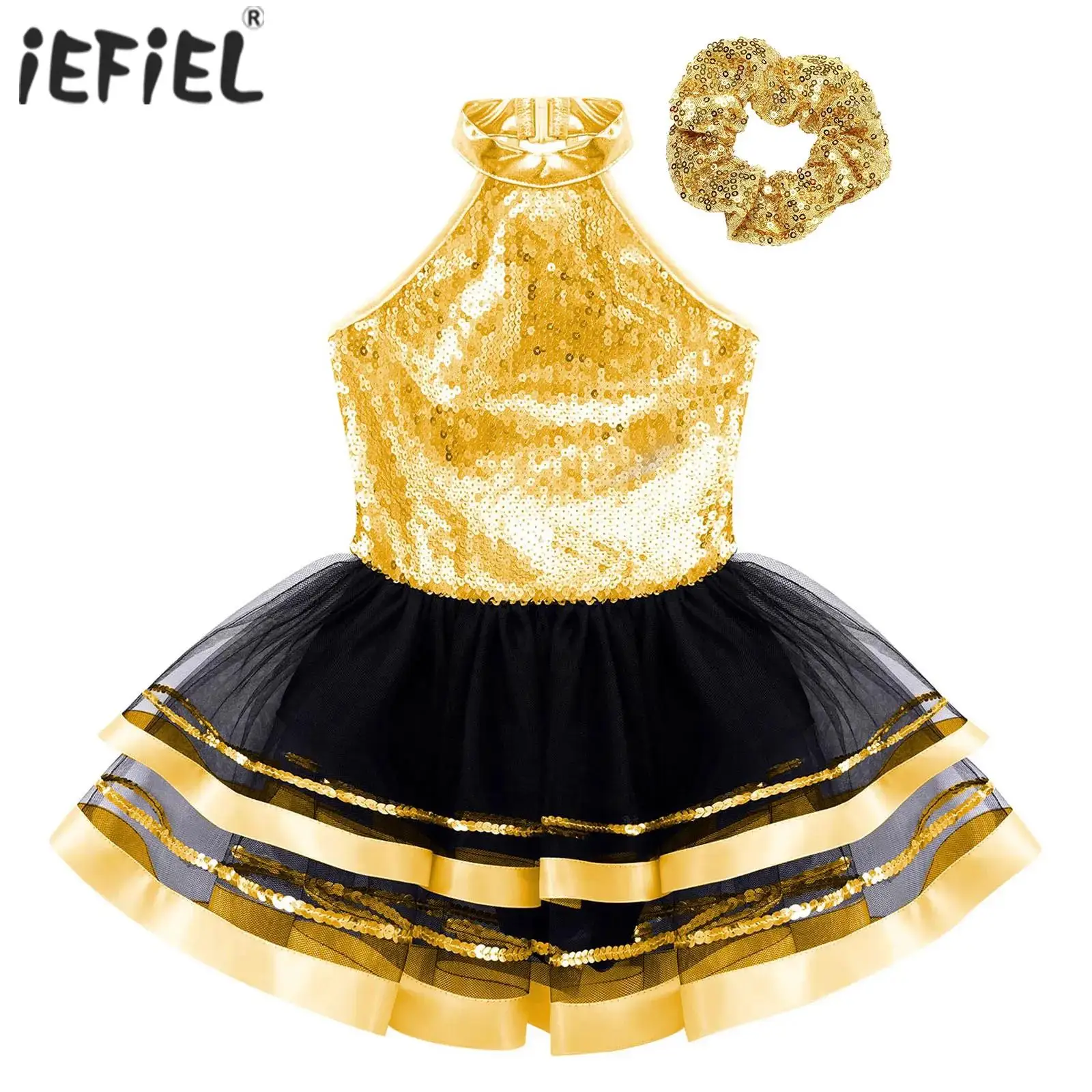 Kids Girls Shiny Sequin Ballet Tutu Dress Gymnastics Workout Dancewear for Latin Jazz Modern Dancing Costume Ballerina Dancewear