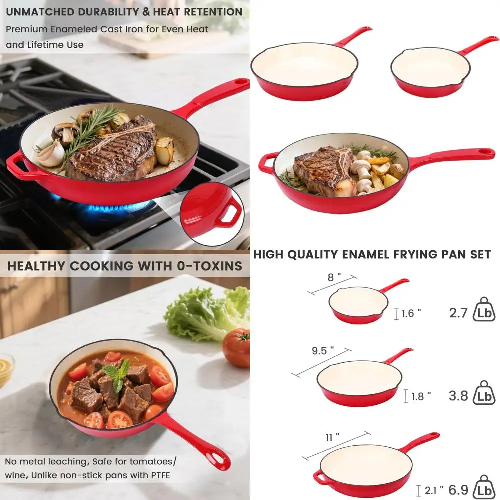 

Набор из 3 эмалированных чугунных сковородок, 8/9,5/11, с антипригарным покрытием, безопасный для духовки, совместимый с газом/индукцией/электриком, Rouge Red