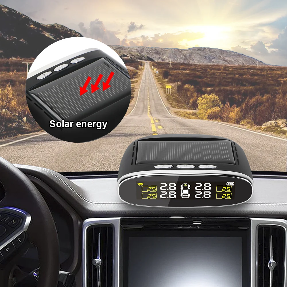 

Temperature Alert Solar Power TPMS With 4 Internal/External Sensor Car Tire Pressure Alarm Monitor System USB Solar Charging