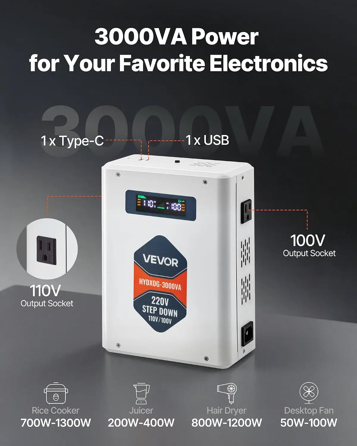 Step Down Voltage Converter, 3000VA, Heavy Duty Voltage Power Converter, 220V to 110V Power Transformer, with 2 US Outlets, USB