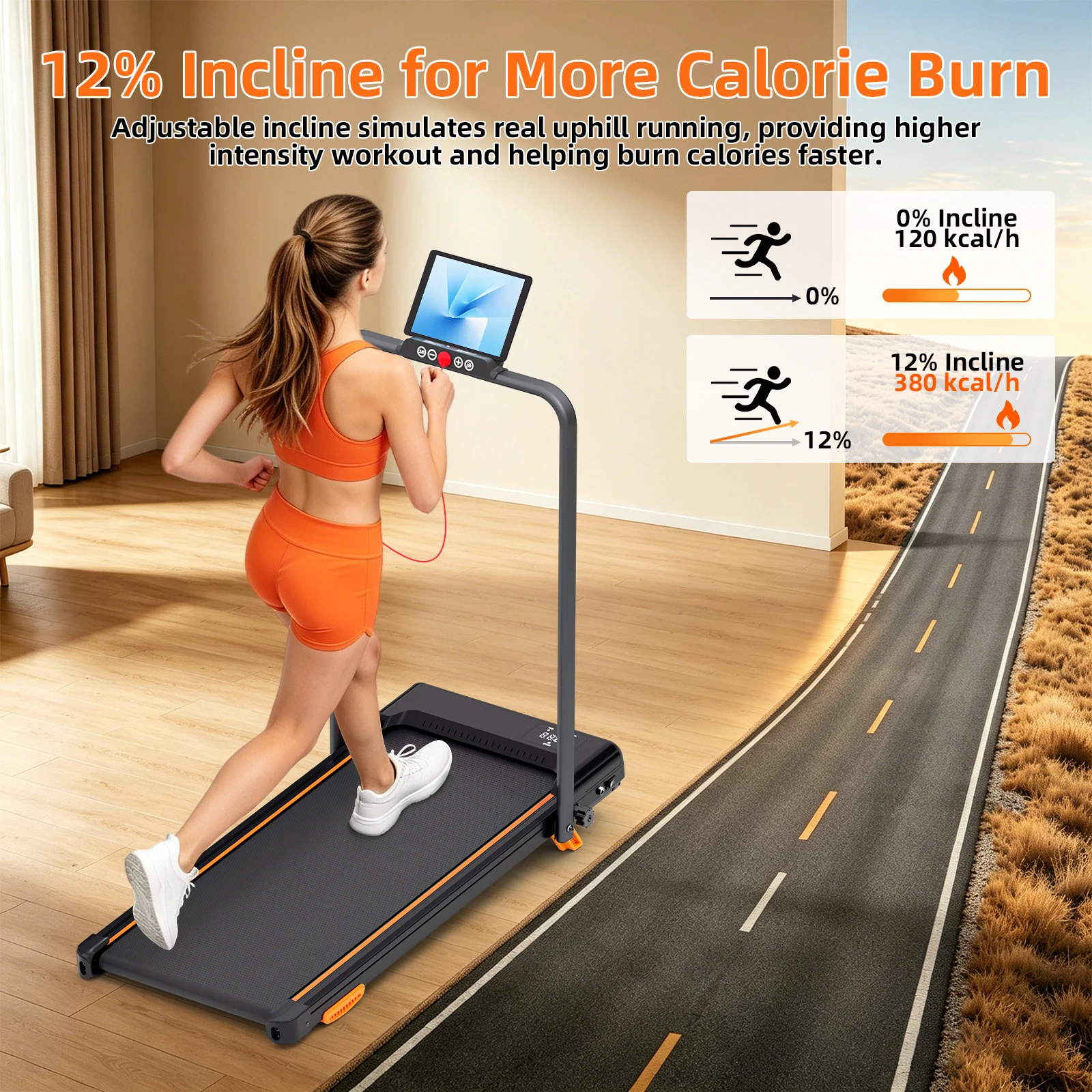 3.0HP Folding Treadmill with 12% Incline, 14.9' X 36.4' Wide 7‑Layer Shock‑Absorbing Running Belt, 7.5MPH Quiet Walking Jogging Machine, 330LBS Capacity, Foldable Handle Bar & Tablet Stand, Safety Rope, Space‑Saving Home Office Indoor Fitness