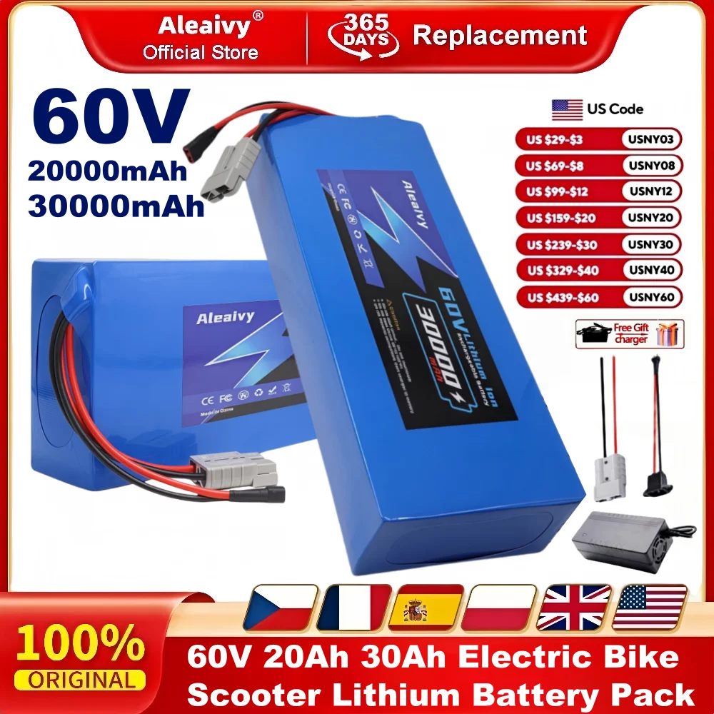 Aleaivy 60V 20Ah 30Ah Electric Bike Lithium Battery Pack for 250W~2000W High Power Bicycle Scooter Motorcycle with 5A Charger