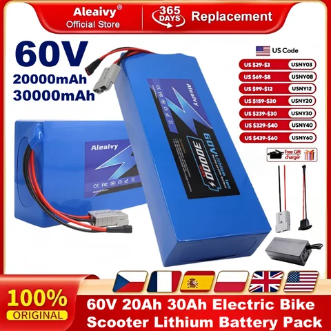 Aleaivy 60V 20Ah 30Ah Electric Bike Lithium Battery Pack for 500W~3000W High Power Bicycle Scooter Motorcycle with 5A Charger