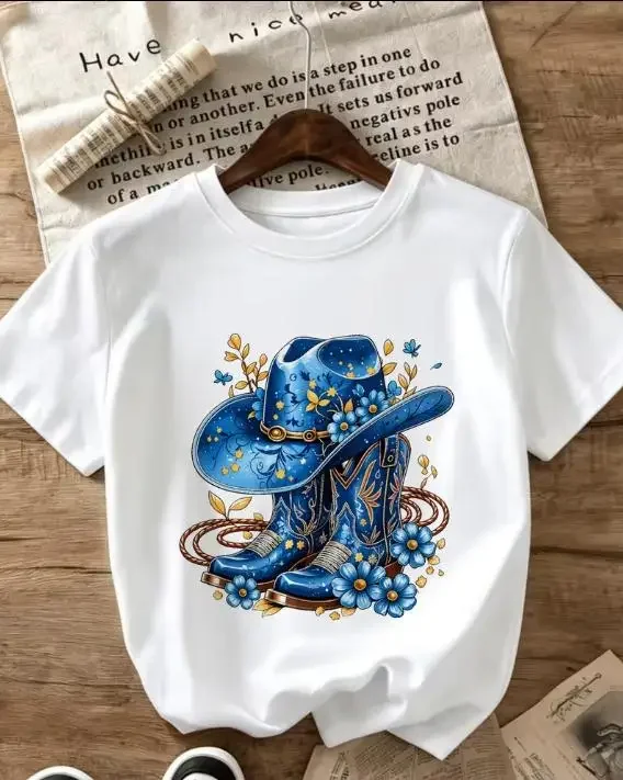 2026 Women Western Country Casual T-Shirt, Cottagecore Aesthetic Blue Cowboy Hat & Cowboy Boots Graphic Print, Crew Neck Short Sleeve Female Tees, Great For Country Concert Daily Outfit