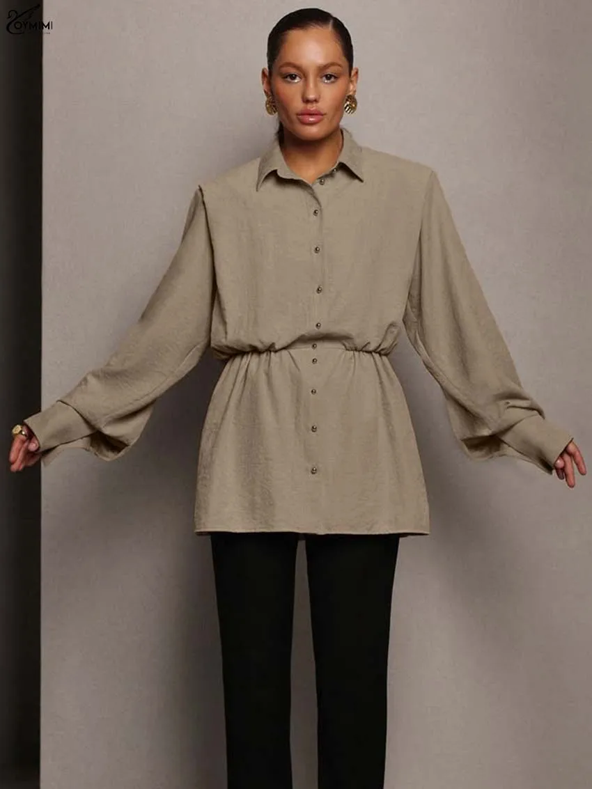 Oymimi Elegant Khaki Pleated Women's Shirt Fashion Lapel Long Sleeve Single Breasted Shirts Casual New High Waisted Solid Shirts