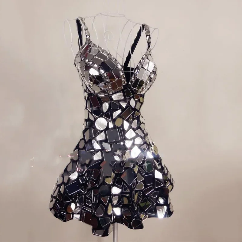 Abito a specchio argento Abito da festival sexy Costume di scena Donna Discoteca Bar Cantante Dj Ds Abbigliamento da prestazione