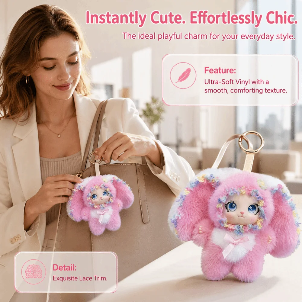 Cute Cartoon Rabbit Doll Soft Big Ear Shape Vinyl Doll Keychain Lace Detail Lori Rabbit Pendant Backpack Decoration
