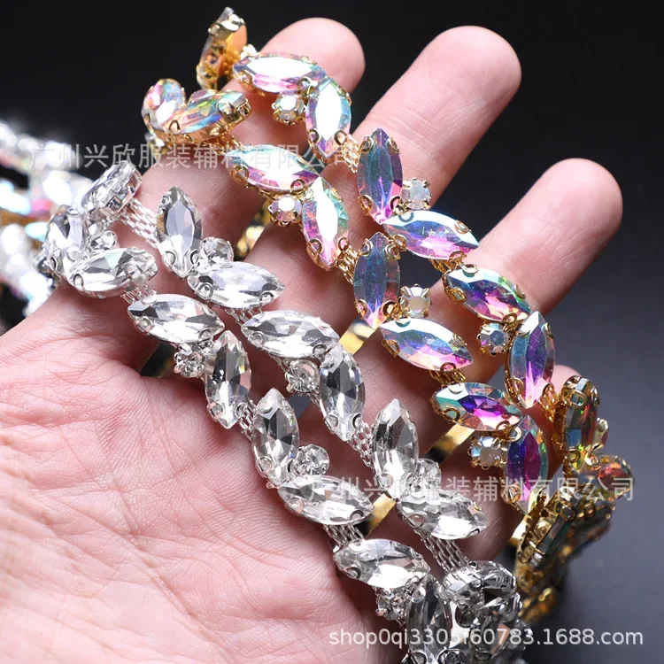 10Yard/lot fancy rhinestone claw chain, metal welding horse eye glass diamond chain DIY wedding dress accessories