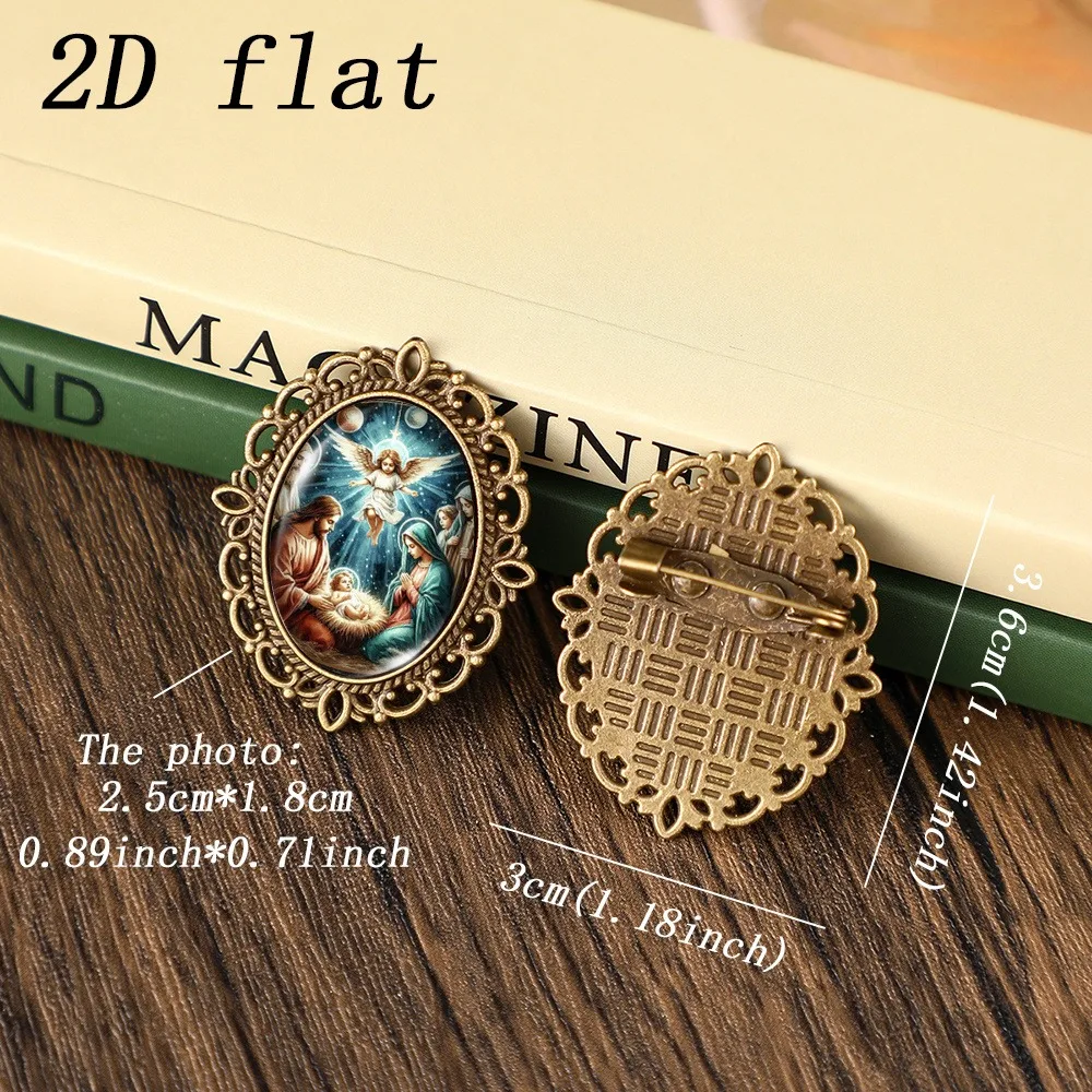 6-20Pcs Oval Nativity Scene Glass Brooch, Vintage Hollow Lace Zinc Alloy Lapel Pin, 2D Flat Angel Jesus Birth Badge Church Gift