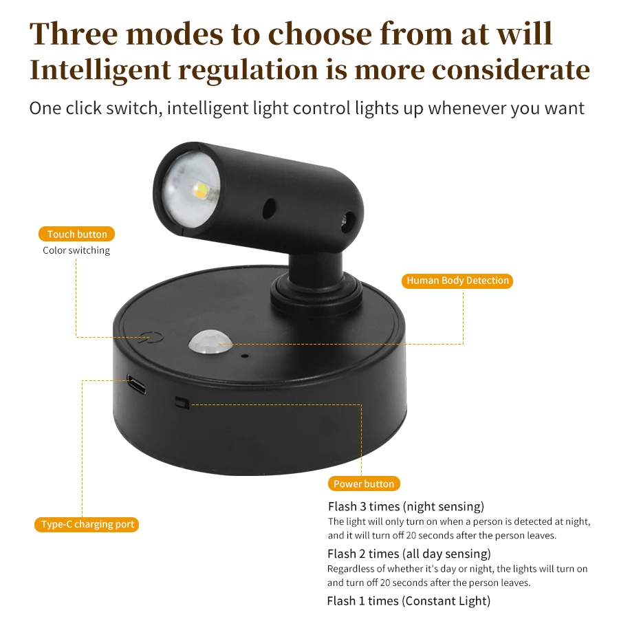 Rotatable LED Spotlight With Remote Touch Dimmable Rechargeable Wall Bedside Lamp 3 Colors RGB Motion Sensor Kitchen Room Decor