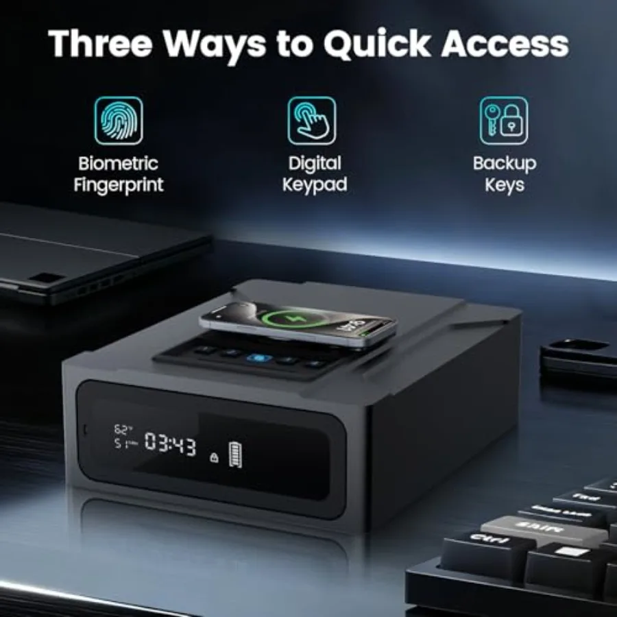 Biometric Gun Safe for Handgun Nightstand Smart Safes Box with Wireless Charging for Phone and Watch 3 Ways Quick Access Finger view 3