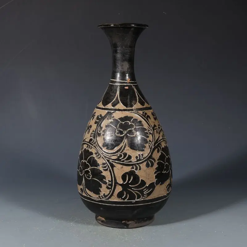 Song Style Cizhou Kiln Black Slip Glaze Sgraffito Interlocking Peony Pear Shaped Yuhuchun Vase Chinese Table Decor