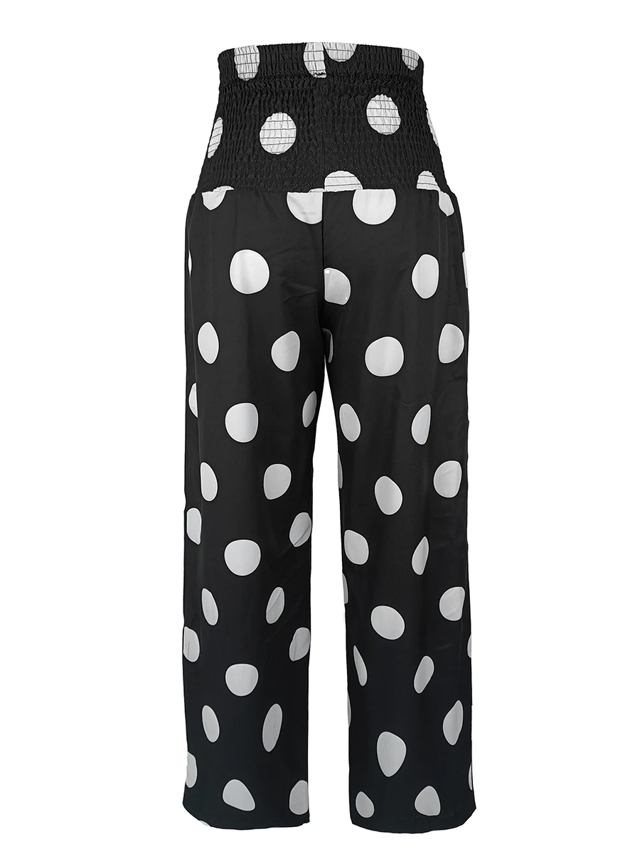 Hochgeschnittene Damen-Hose mit Polka-Dot-Muster, Weites Bein, Elastischer Bund, Palazzo-Stil, Schicke Sommer-Strandhose, Boho Casual Lange Hose – Detail 4