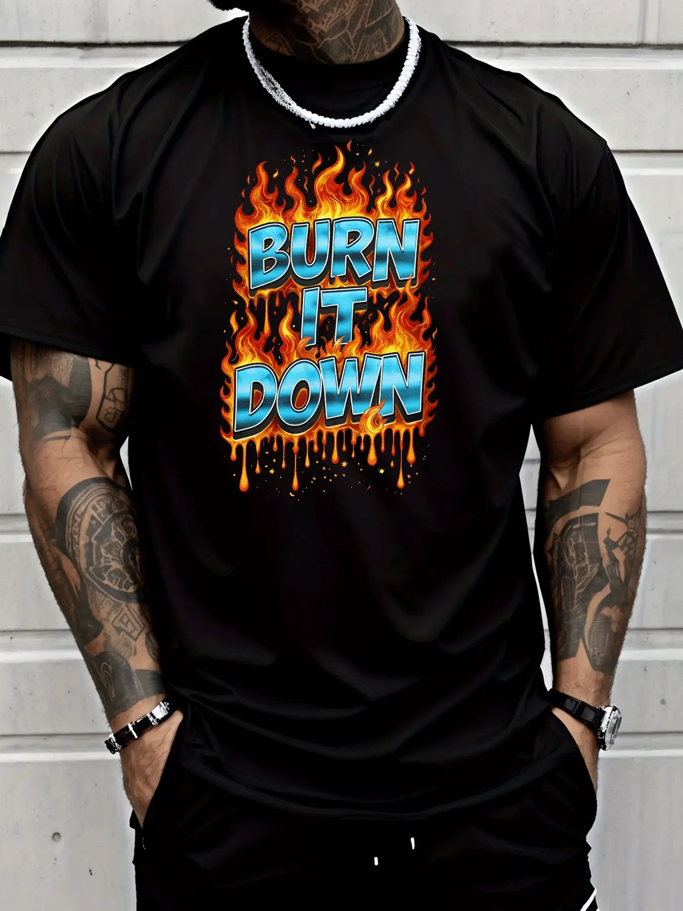Male Black Round Neck T Shirt Hot Orange Fire Drip Frame Burn It Down Glossy Blue Text Edgy Hip Hop Daily Soft Cotton Tees