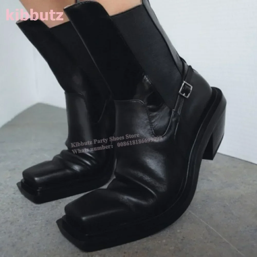 Chelsea Ankle Boots Smoking Cylinder Leather Square Toe Chunky Heel Cowboy Style High Heeled Hundred British Style Shoes Newest