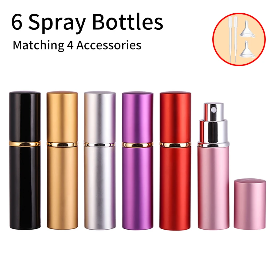 6pcs+4 Accessories 5ml Portable Mini Refill Perfume Scent Atomizer Spray Bottle with 6 Spray Bottles, 2 Funnels, 2 Droppers