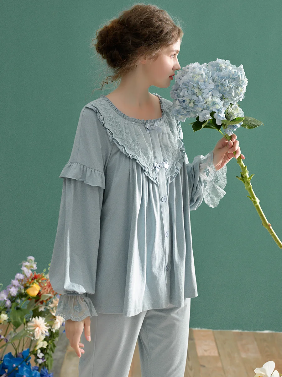 Vintage Gorgeous Soft Cotton Women's  Pajamas Sets Long Sleeve Delicate Elegant Embroidery Sleepwear Spring Autumn Loose Nighty