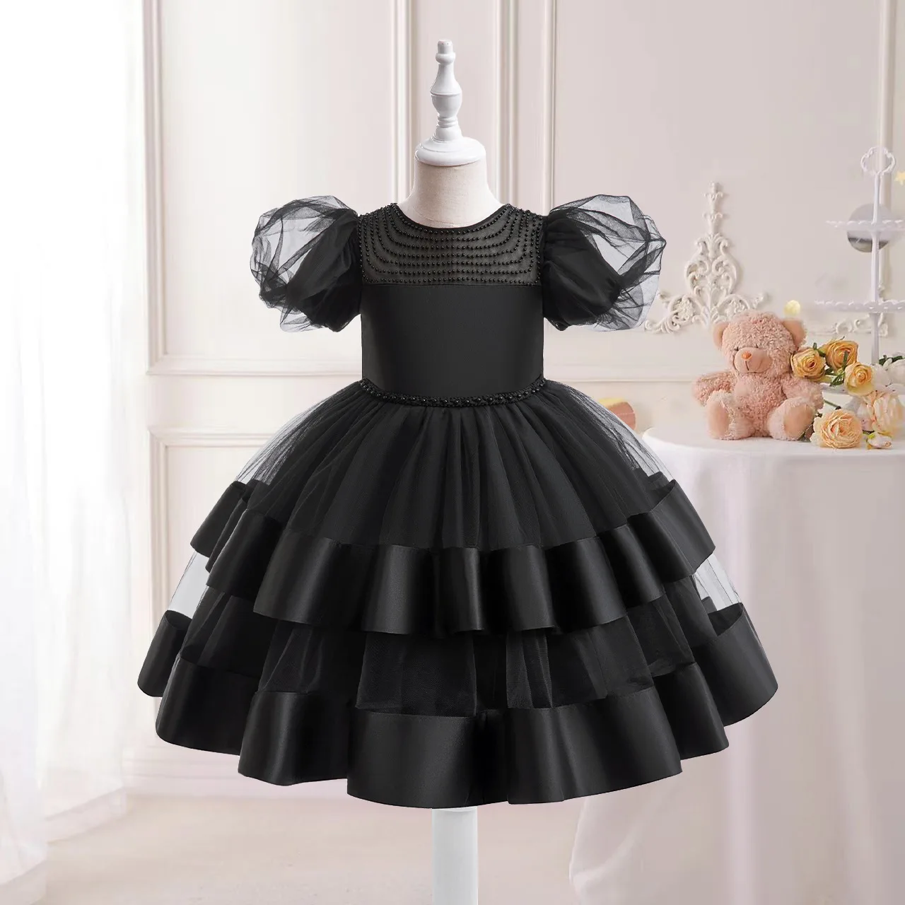 3-8Y Black Bridesmaids Party Girls Dress Elegant Wedding Birthday Princess Dresses for Girl Graduation Prom Gown