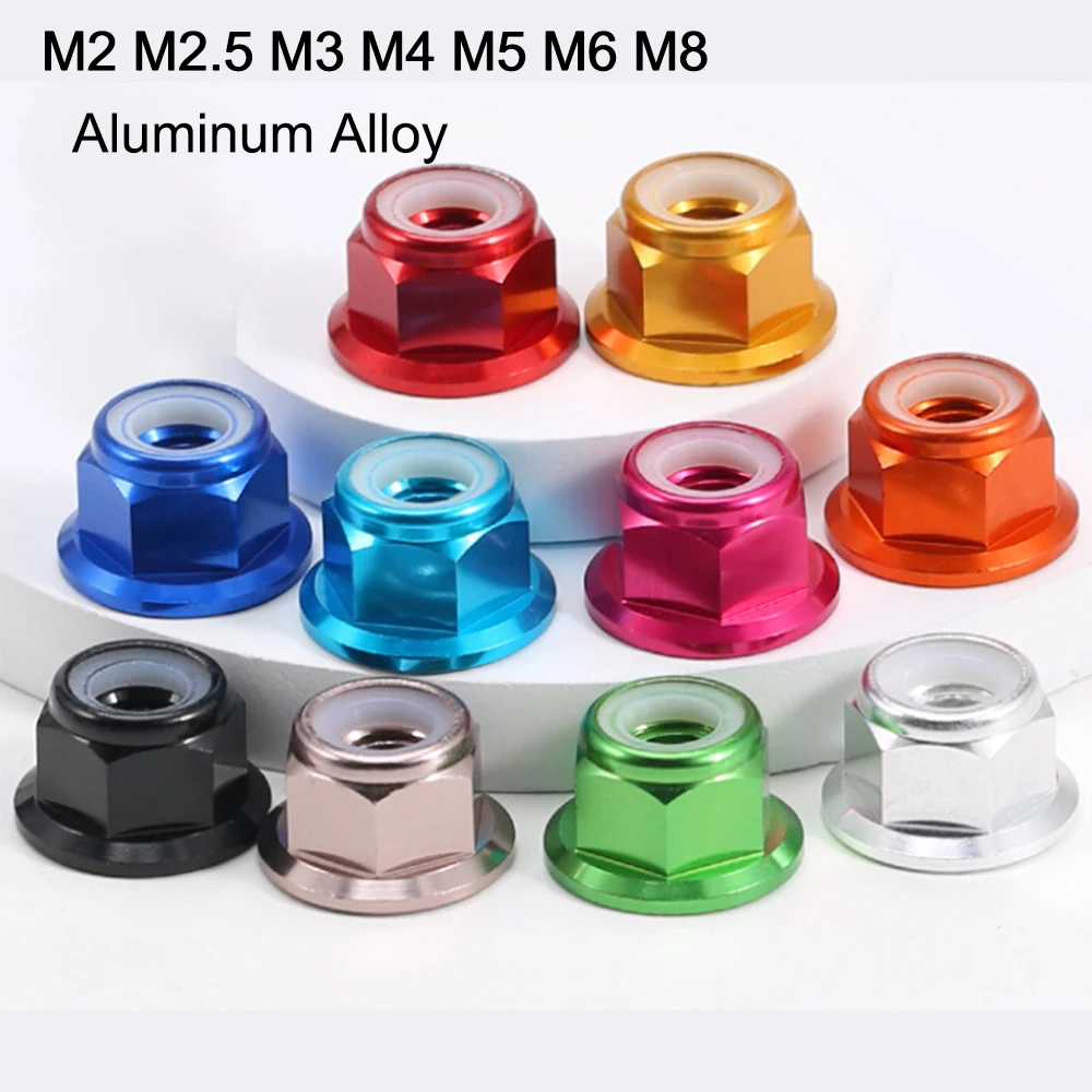 2-5pcs M2 M2.5 M3 M4 M5 M6 M8 Colorful Aluminum Alloy Flange Nut Nylon Insert Lock Nuts Self-locking Screw Cap 11 Colors
